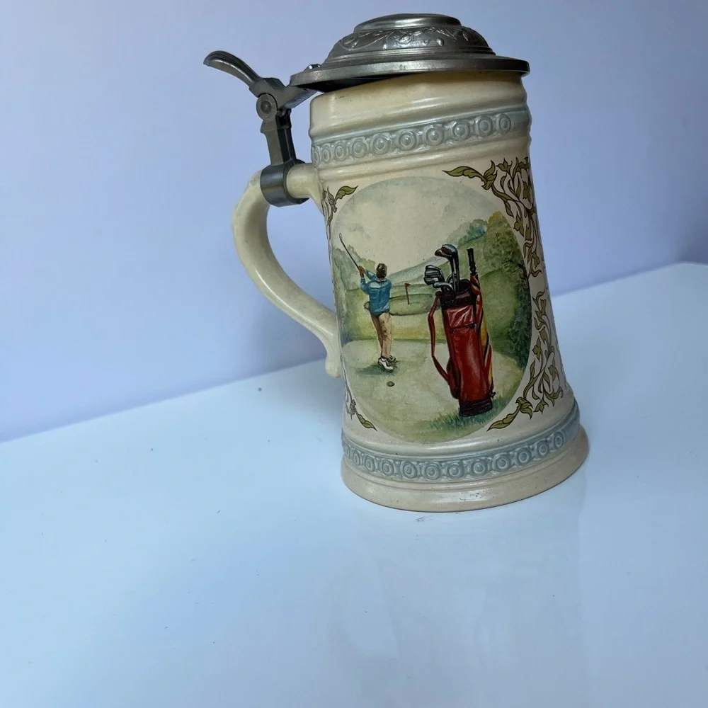 Vintage Ceramic German Beer Stein with Golf Scene and Pewter lid